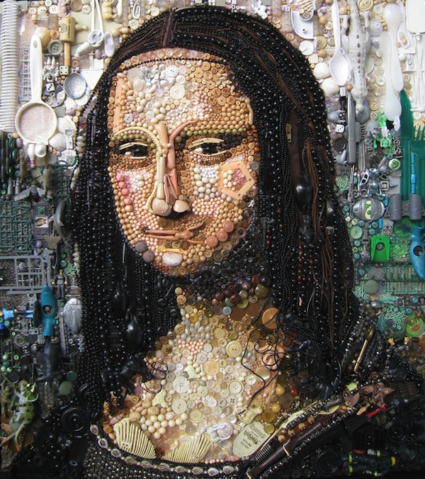 Jane Perkins回收物品拼贴肖像艺术作品