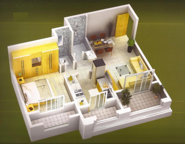 25个一居室户型装修3D布局效果图