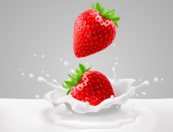 落入牛奶中的草莓矢量素材