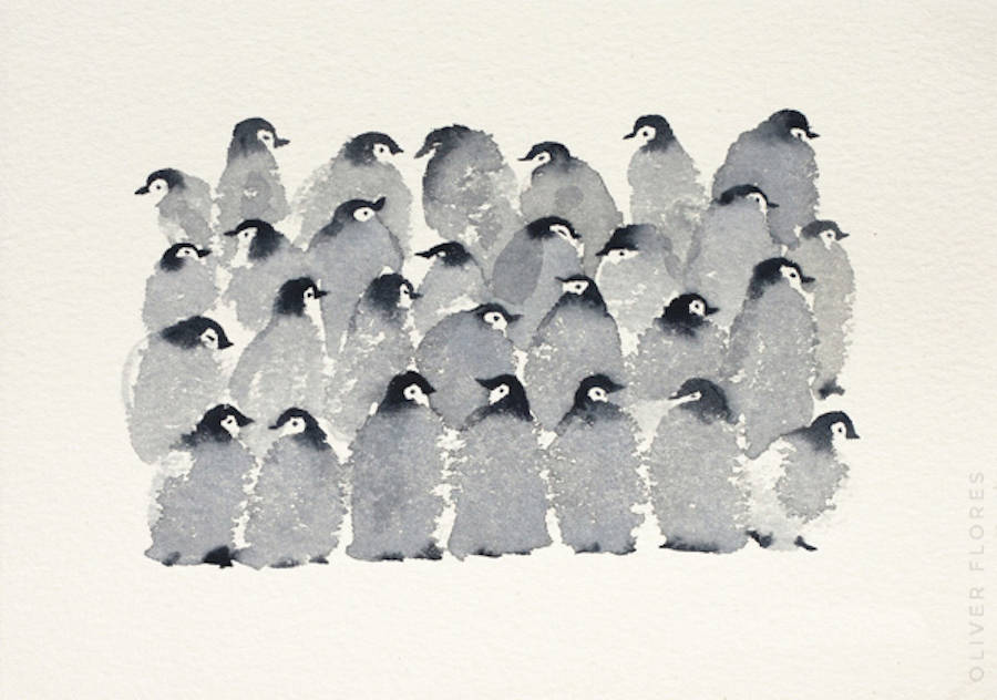 Oliver Flores可爱的企鹅水彩画欣赏
